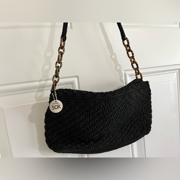 The Sak Black Crochet Flap Snap Closure Faux Tortoise Links Shoulder Mini Bag - Picture 4 of 11
